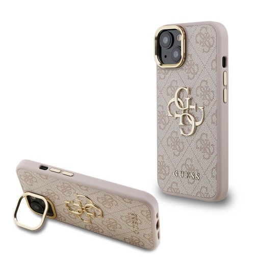 Apple iPhone 15 Guess PU 4G Metal Logo Stand Camera Frame puzdro (Ružový) - GUHCP15SPCS4GP4P