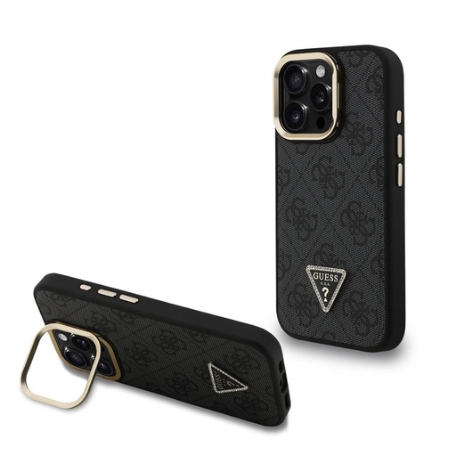 Apple iPhone 16 Pro Max Guess PU 4G Strass Triangle Logo Stand Camera Frame MagSafe puzdro (Čierny) - GUHMP16XPCS4GPTK