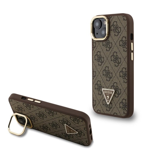 Apple iPhone 15 Guess PU 4G Strass Triangle Logo Stand Camera Frame MagSafe puzdro (Hnedý) - GUHMP15SPCS4GPTW