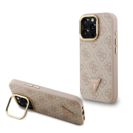 Apple iPhone 15 Pro Guess PU 4G Strass Triangle Logo Stand Camera Frame MagSafe puzdro (Ružový) - GUHMP15LPCS4GPTP