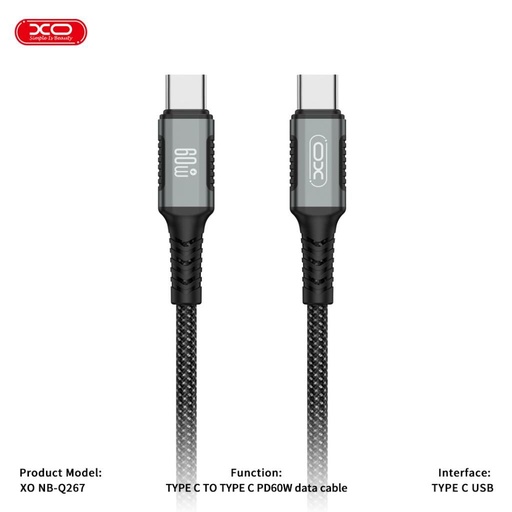 XO NB-Q267 magnetický USB-C–USB-C dátový kábel (Čierny) – 1 m, pletený vyhotovenie, 60W