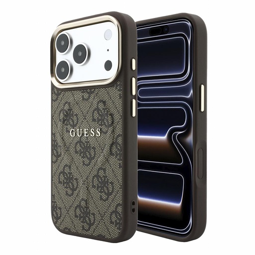 Apple iPhone 18 Pro Max Guess Leather 4G Zlatý Frame Embossed MagSafe koža ochranné puzdro (Hnedý) (GUHMP18XP4MSEGCW)