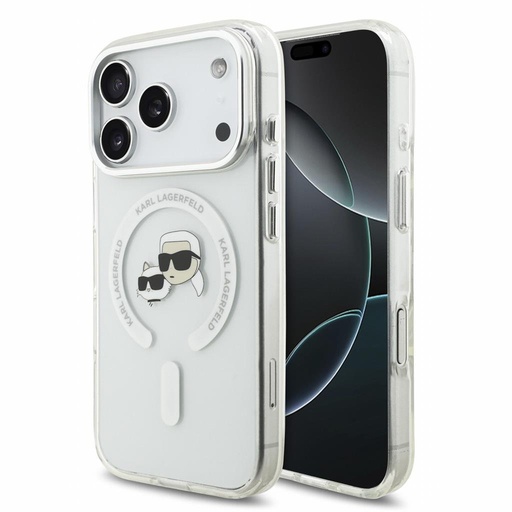 Apple iPhone 18 Pro Karl Lagerfeld IML and Choupette Heads Metal Frame MagSafe ochranné puzdro (Biely)