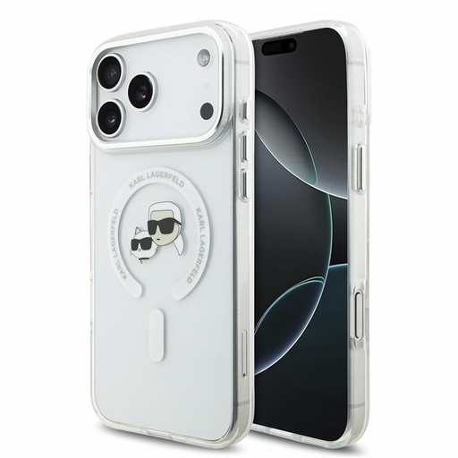 Apple iPhone 18 Pro Max Karl Lagerfeld IML and Choupette Heads Metal Frame MagSafe ochranné puzdro (Biely)