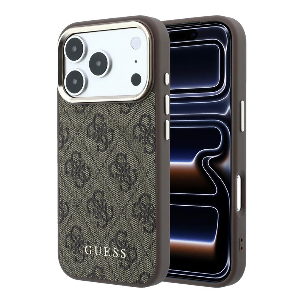 Apple iPhone 18 Pro Guess Leather 4G Gold Frame MagSafe bőr védőtok (Barna) (GUHMP18LG4GFCW)