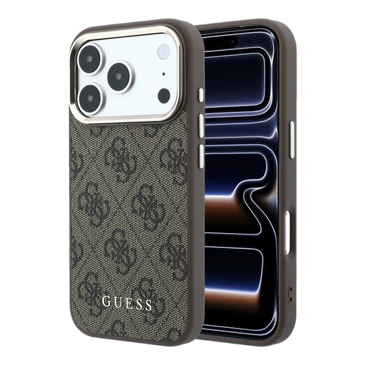 Apple iPhone 18 Pro Guess Leather 4G Zlatý Frame MagSafe koža ochranné puzdro (Hnedý) (GUHMP18LG4GFCW)