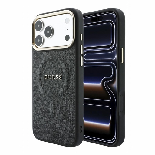 Apple iPhone 18 Pro Max Guess Leather 4G Zlatý Frame Embossed MagSafe koža ochranné puzdro (Čierny) (GUHMP18XP4MSEGCK)