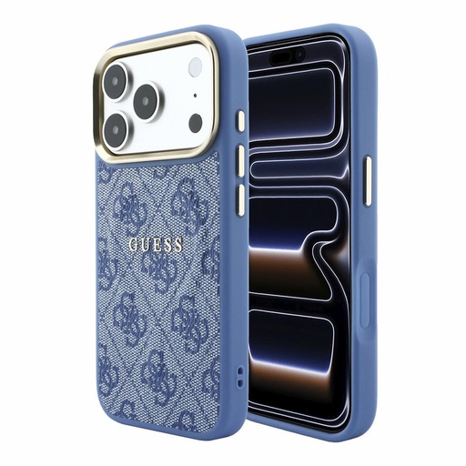Apple iPhone 18 Pro Max Guess Leather 4G Zlatý Frame Embossed MagSafe koža ochranné puzdro (Modrý) (GUHMP18XP4MSEGCB)