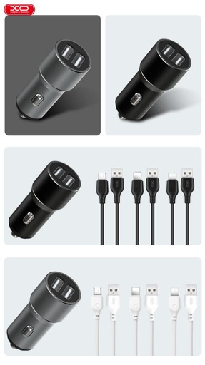 XO TZ09 do auta nabíjačka (Čierny) – 2×USB, Lightning kábel, hliník puzdro, 12W