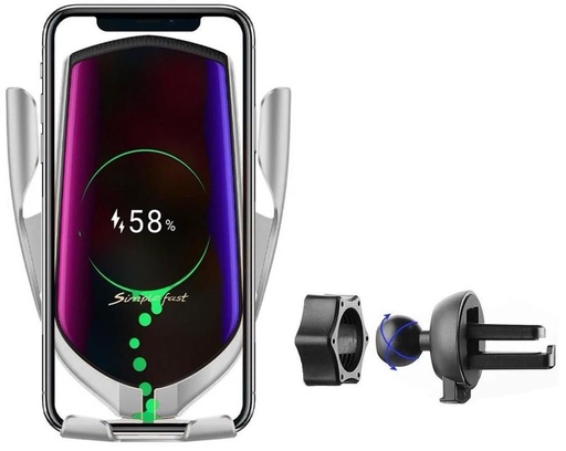 R1 držiak do auta (na ventilačnú mriežku), bezdrôtový držiak do auta/nabíjačka automatický svorka inteligentný so senzorom (10W), strieborný