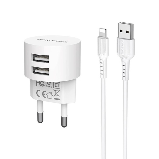 Borofone BA23A sieťový nabíjačka (2 USB port), lightning kábel, 5V 2,4A, biely