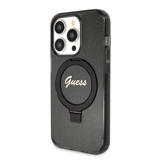 Apple iPhone 15 Pro Max Guess IML Ring Stand Glitter MagSafe puzdro (Čierny) - GUHMP15XHRSGSK