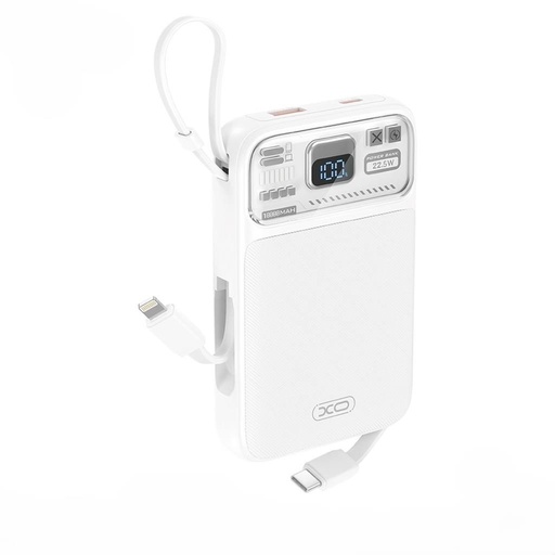 XO PR243 power bank 10000 mAh (Biely) – rýchle nabíjanie 22.5W, digitálny displej, USB-C a Lightning kábel