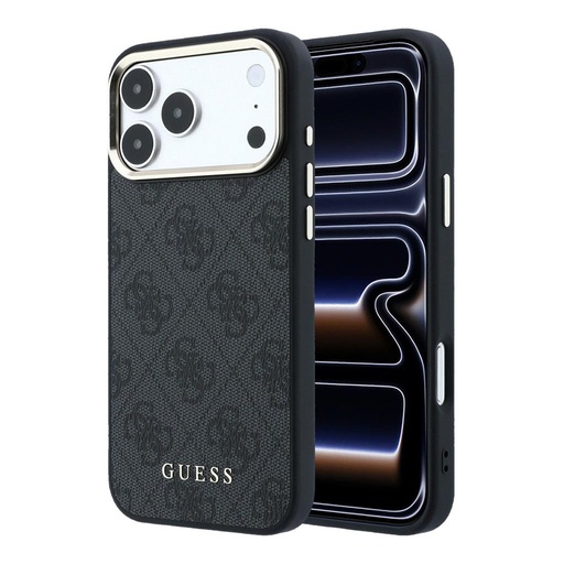 Apple iPhone 18 Pro Guess Leather 4G Zlatý Frame MagSafe koža ochranné puzdro (Čierny) (GUHMP18LG4GFCK)