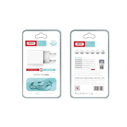 XO L65 2.4A nabíjačka (Biely) – dvojitý USB konektor, Lightning s káblom