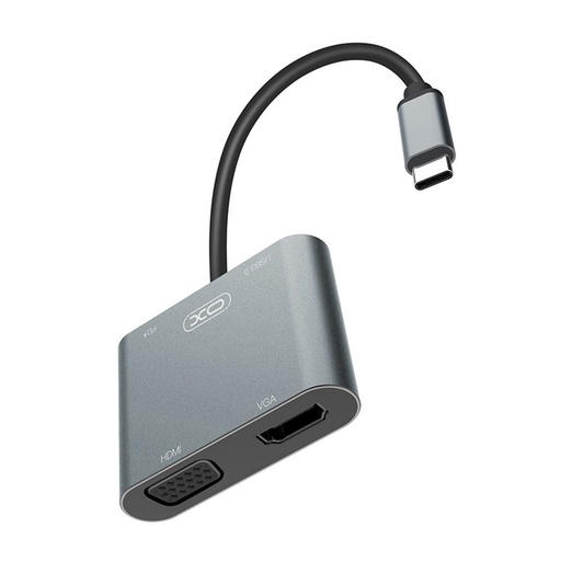 XO HUB001 4 az 1-ben Type-C adaptér (Strieborný) – HDMI, VGA, USB 3.0, PD nabíjanie