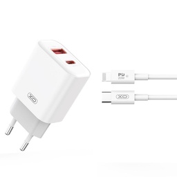 XO CE12 PD 20W rýchlonabíjačka (Biely) – PD 20W + USB-A 18W, USB-C + USB-A konektor, Lightning s káblom